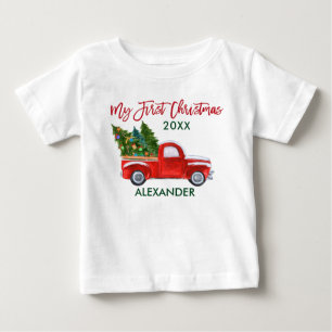 マイ初めてのクリスマスヴィンテージトラックレッドグリーン ベビーTシャツ