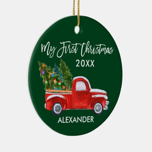 マイ初めてのクリスマスヴィンテージレッドトラックベビーグリーン セラミックオーナメント (右)