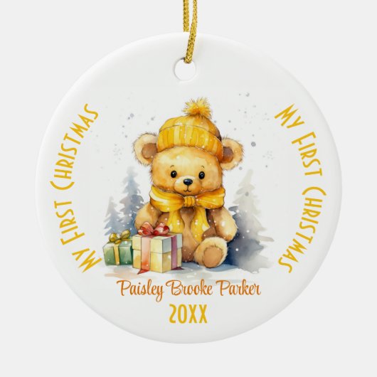 マイ初めてのクリスマス名前をカスタムするイエロー セラミックオーナメント (正面)