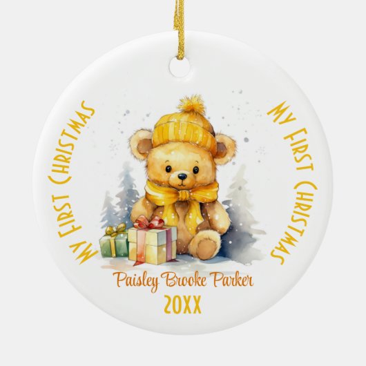 マイ初めてのクリスマス名前をカスタムするイエロー セラミックオーナメント (裏面)