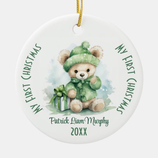 マイ初めてのクリスマス名前をカスタムするグリーンベア セラミックオーナメント (正面)