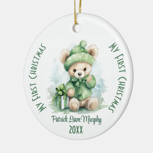 マイ初めてのクリスマス名前をカスタムするグリーンベア セラミックオーナメント (左)