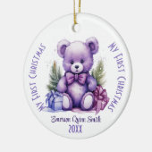マイ初めてのクリスマス名前をカスタムするパープルベア セラミックオーナメント (左)