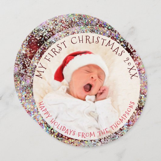 マイ初めてのクリスマス年写真循環グリッター シーズンカード (正面/裏面)