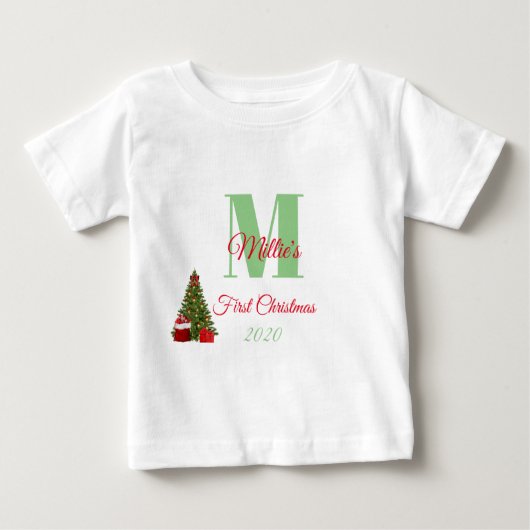 マイ初めてのクリスマス緑の赤いツリー編集可能 ベビーTシャツ (正面)
