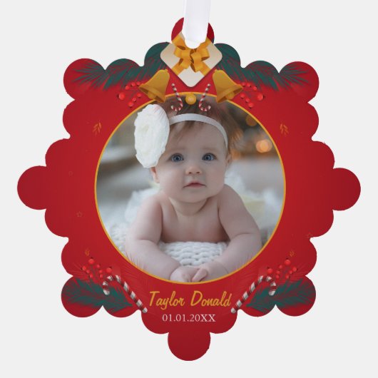 マイ初めてのクリスマス赤パーソナライズされたベビー名 オーナメントカード (正面)