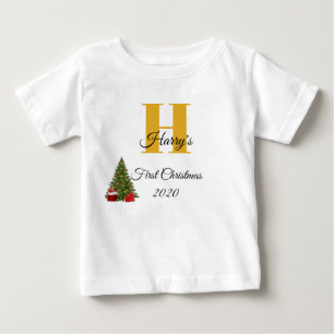 [マイ初めてのクリスマス]金ゴールド[クリスマスツリー]編集可能 ベビーTシャツ