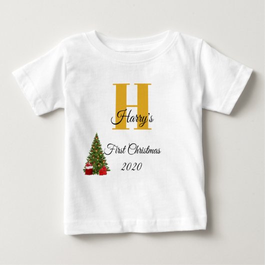 [マイ初めてのクリスマス]金ゴールド[クリスマスツリー]編集可能 ベビーTシャツ (正面)