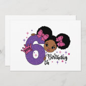 マイ6誕生日ガールアフロヘアピンクグリッター弓 招待状 (正面/裏面)