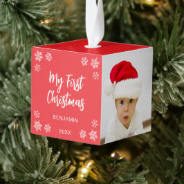マイ・ファースト・クリスマス 3 赤ちゃん 写真 レッド ホワイト 手書き風  キューブオーナメント