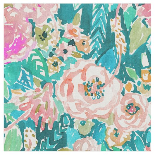 マウイの熱帯花の水彩画の夏 ファブリック (クローズアップ)