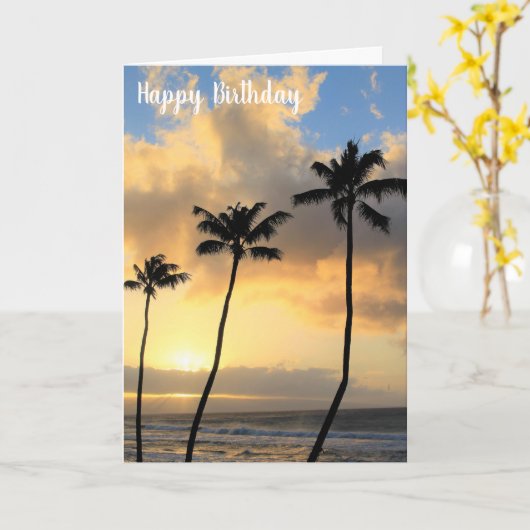 マウイの美しい夕焼けとヤシの木の誕生日 カード (黄色い花)