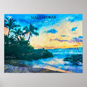 マウイ島ハワイ油絵イラスト 旅行 ポスター