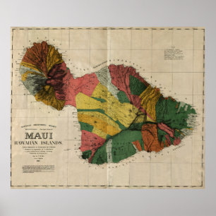 マウイ-ヴィンテージの古書売買のハワイ--の調査の地図1885年 ポスター