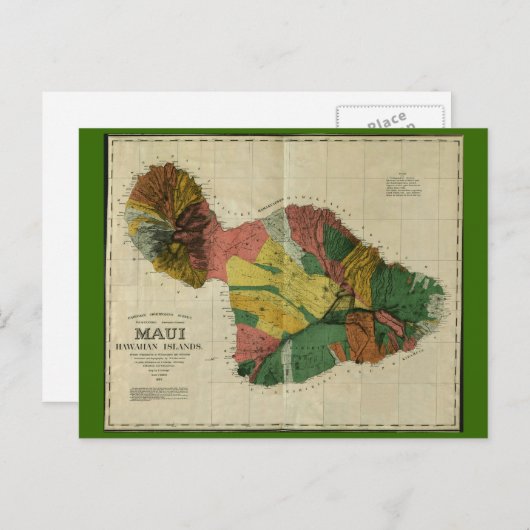 マウイ, 1885,ハワイヴィンテージの地図 ポストカード (正面/裏面)