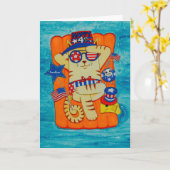 マウスおよび魚が付いている帽子の7月4日猫 カード (黄色い花)