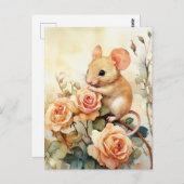マウスとピンクのバラ ポストカード (正面/裏面)