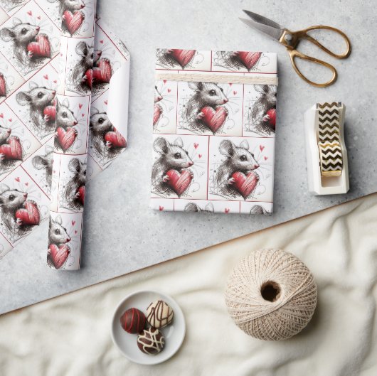マウスと赤いハートスケッチ ラッピングペーパー (クラフト)