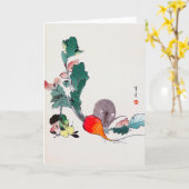 マウスと赤の大根、渡辺聖亭 カード (黄色い花)