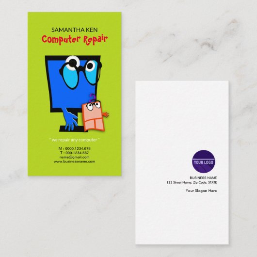 マウスのかわいい青いPC修理名刺 名刺 (正面/裏面)