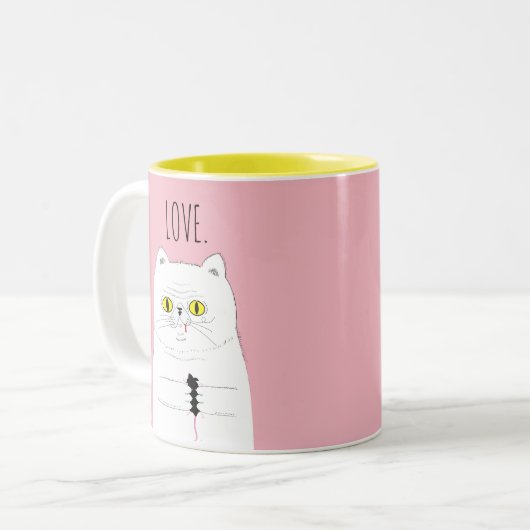マウスの赤面のピンク愛マグを持つ猫 ツートーンマグカップ (正面左)