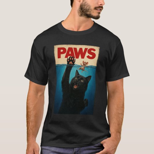 マウスを追いかけるPAWSパロディユーモアのあるネコ猫 Tシャツ (正面)