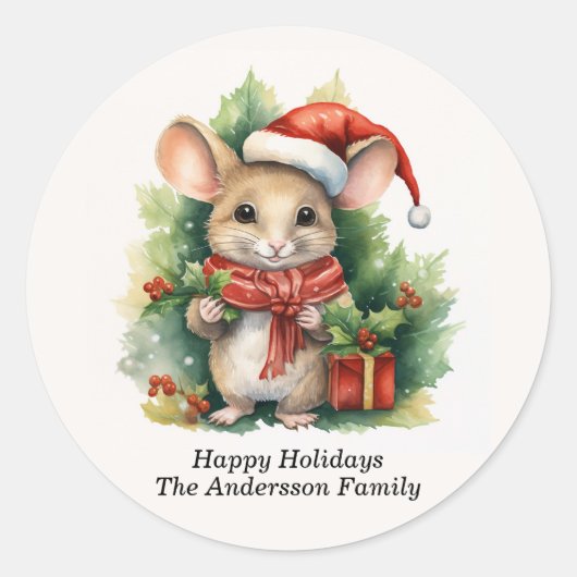 マウスサンタハットハッピーホリデーズネーム ラウンドシール (正面)