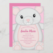 マウスネズミ誕生日パーティーピンク 招待状 (正面/裏面)