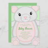 マウスネズミ赤ちゃんシャワーグリーン 招待状 (正面/裏面)
