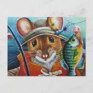 マウスハットベストブルーギルフィッシング水彩画 ポストカード