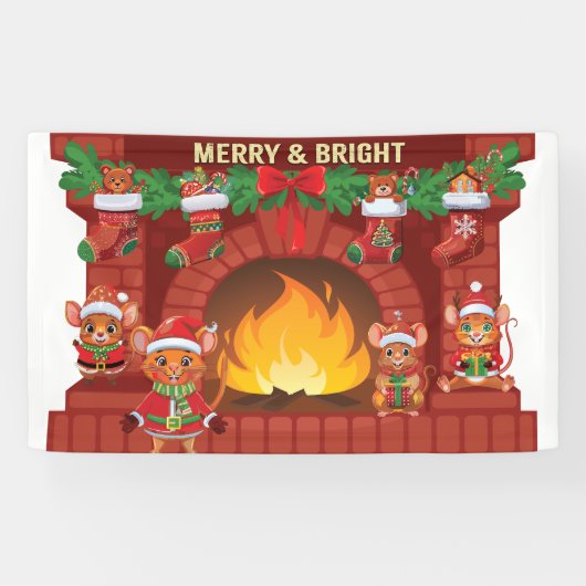マウスメリークリスマス暖炉 横断幕 (横)