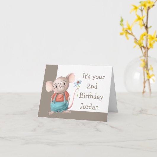 マウス動物漫画メガネ2nd誕生日 カード (黄色い花)