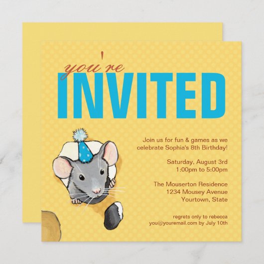 マウス及び水玉模様のバースデーパーティ招待状 招待状 (正面/裏面)