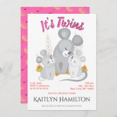 マウス双子ガールマザーベイビーシャワーウッドランドマウス 招待状 (正面/裏面)