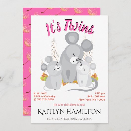 マウス双子ガールマザーベイビーシャワーウッドランドマウス 招待状 (正面/裏面)