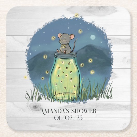 マウス素朴ホタル・メイソン・ジャー スクエアペーパーコースター (正面)