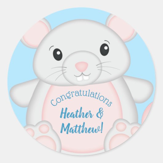 マウス赤ちゃんシャワーブルー ラウンドシール (正面)