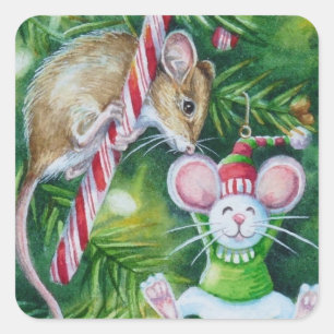 マウス&クリスマスツリーオーナメント水彩画 スクエアシール