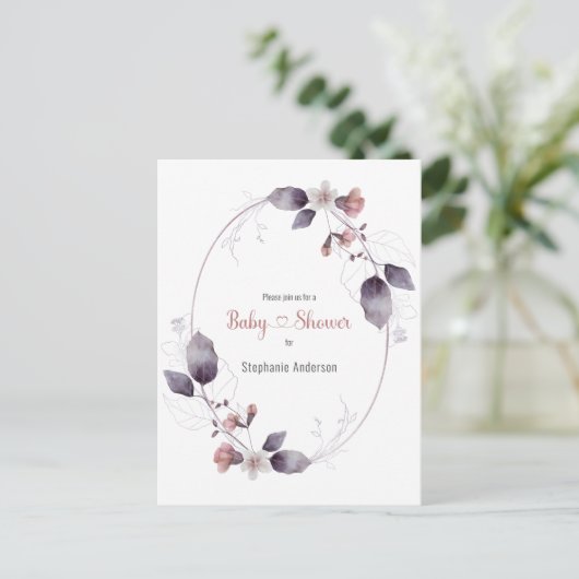 マウブピンクフローラ植物性ベビーシャワー招待状 ポストカード (スタンド正面)