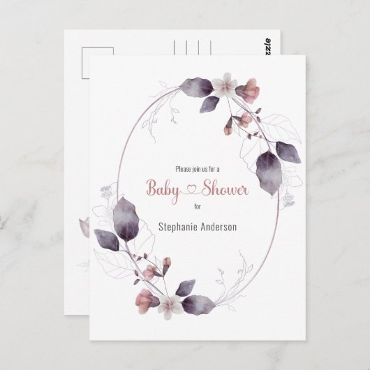 マウブピンクフローラ植物性ベビーシャワー招待状 ポストカード (正面/裏面)