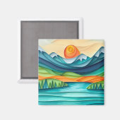 マウンテンかわいらしサンセットレイクランドスケープ抽象芸術 マグネット (正面/裏面)