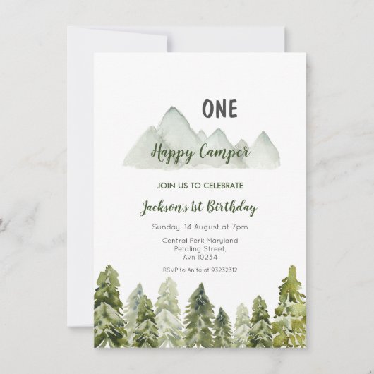 マウンテンアドベンチャーキャンパー1歳の誕生日の招待状 招待状 (正面)
