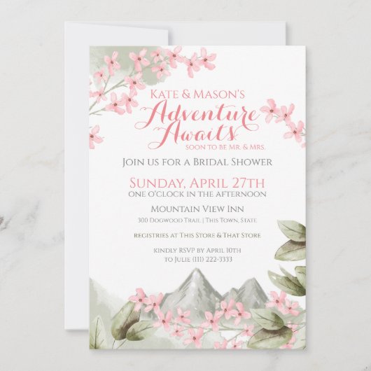 マウンテンアドベンチャーピンク薄紫ブライダルシャワー 招待状 (正面)