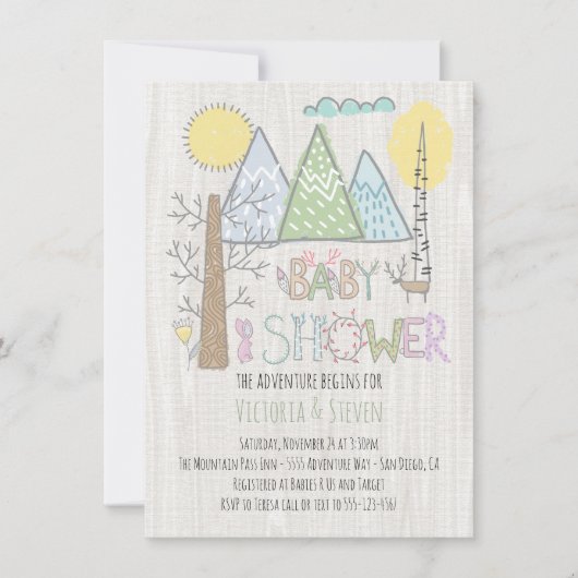 マウンテンアドベンチャーベビーシャワーウォーターカラーフォレスト 招待状 (正面)