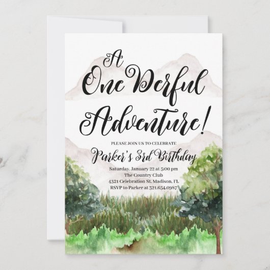 マウンテンアドベンチャー誕生日、キャンプ、マウンテン 招待状 (正面)