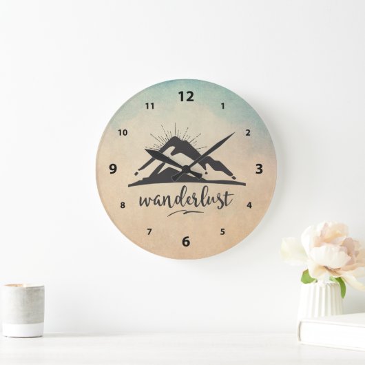 マウンテンウィズサンレイズ – ワンダーラストタイポグラフィ ラージ壁時計 (ホーム)