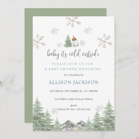 マウンテンウィンタースノーフレーク赤ちゃんシャワー 招待状 (正面/裏面)