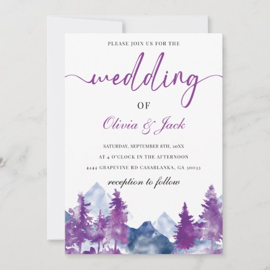 マウンテンウォーターエレガントカラー素朴マウヴ結婚ス 招待状 (正面)