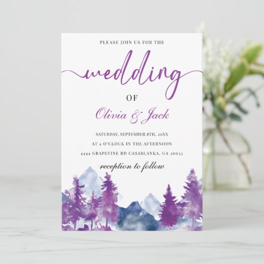 マウンテンウォーターエレガントカラー素朴マウヴ結婚ス 招待状 (スタンド正面)