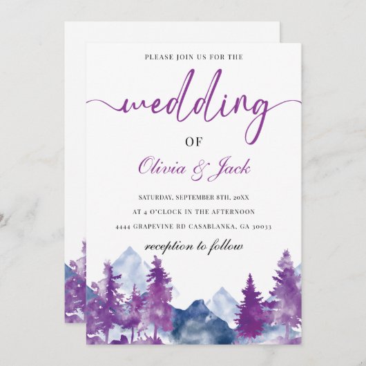 マウンテンウォーターエレガントカラー素朴マウヴ結婚ス 招待状 (正面/裏面)